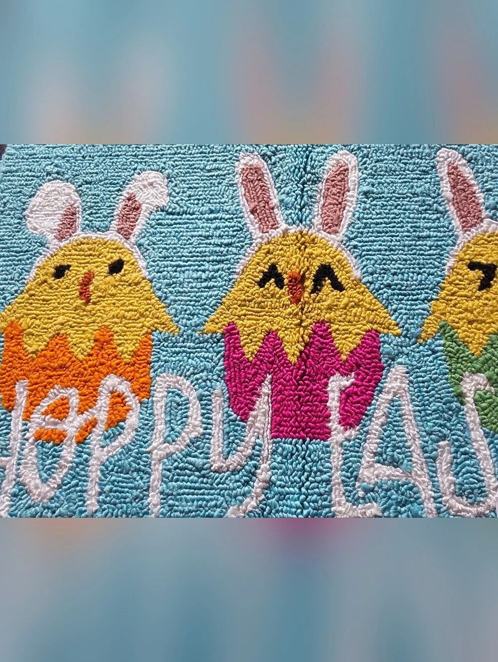 New Hoppy Easter Chicks Hook Accent Rug, 18x30, Home decor, blue, pink, yellow